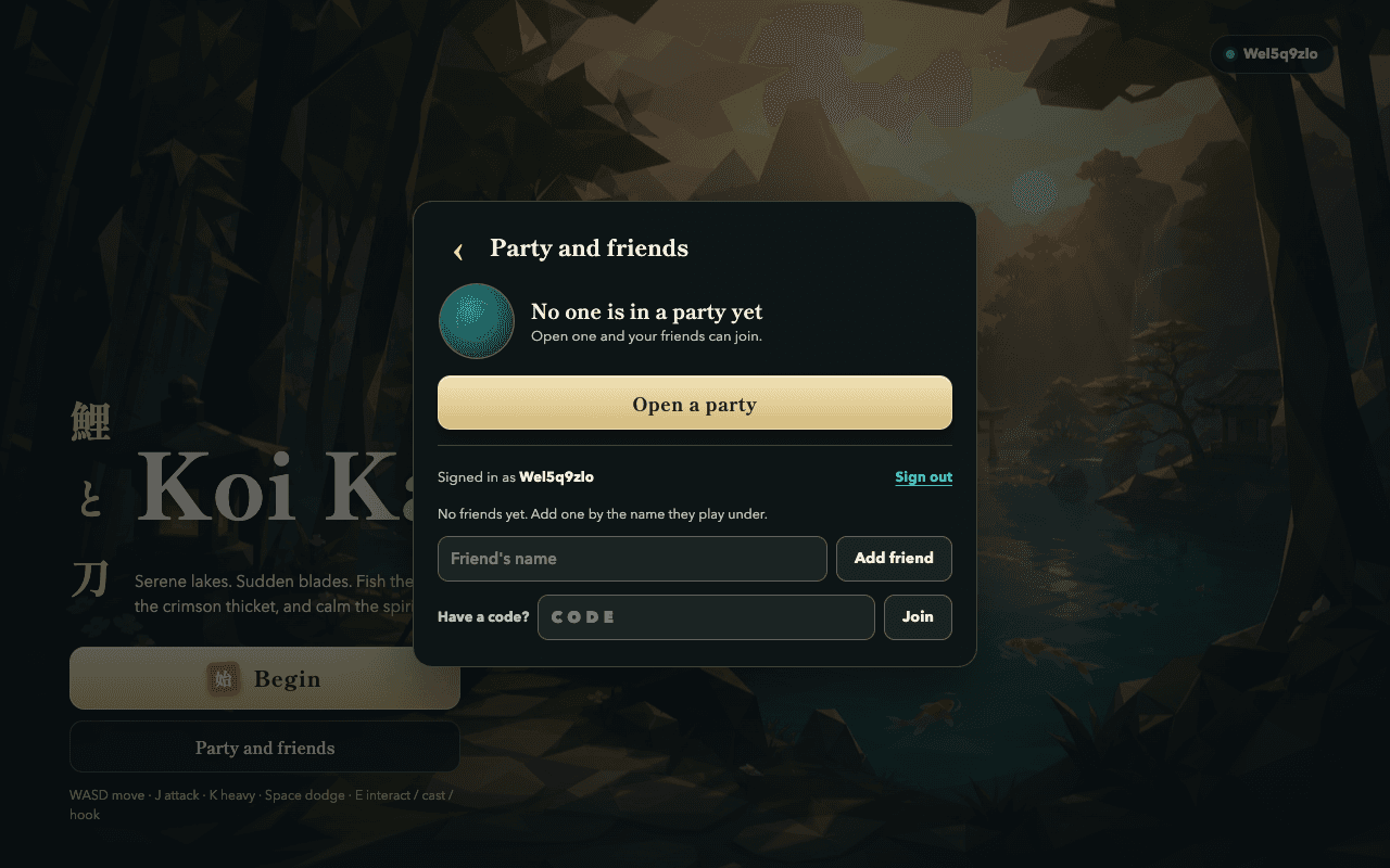The game's Party and friends sheet over the title screen, with Open a party, Add friend and a code field.